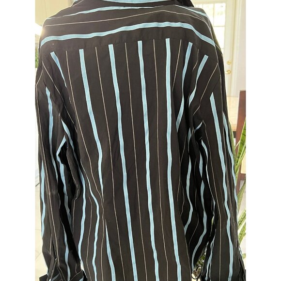 O Shirt Womens Black & Blue Striped Button-Up Shirt Size 14 By Cotton/Polyester - Picture 6 of 12